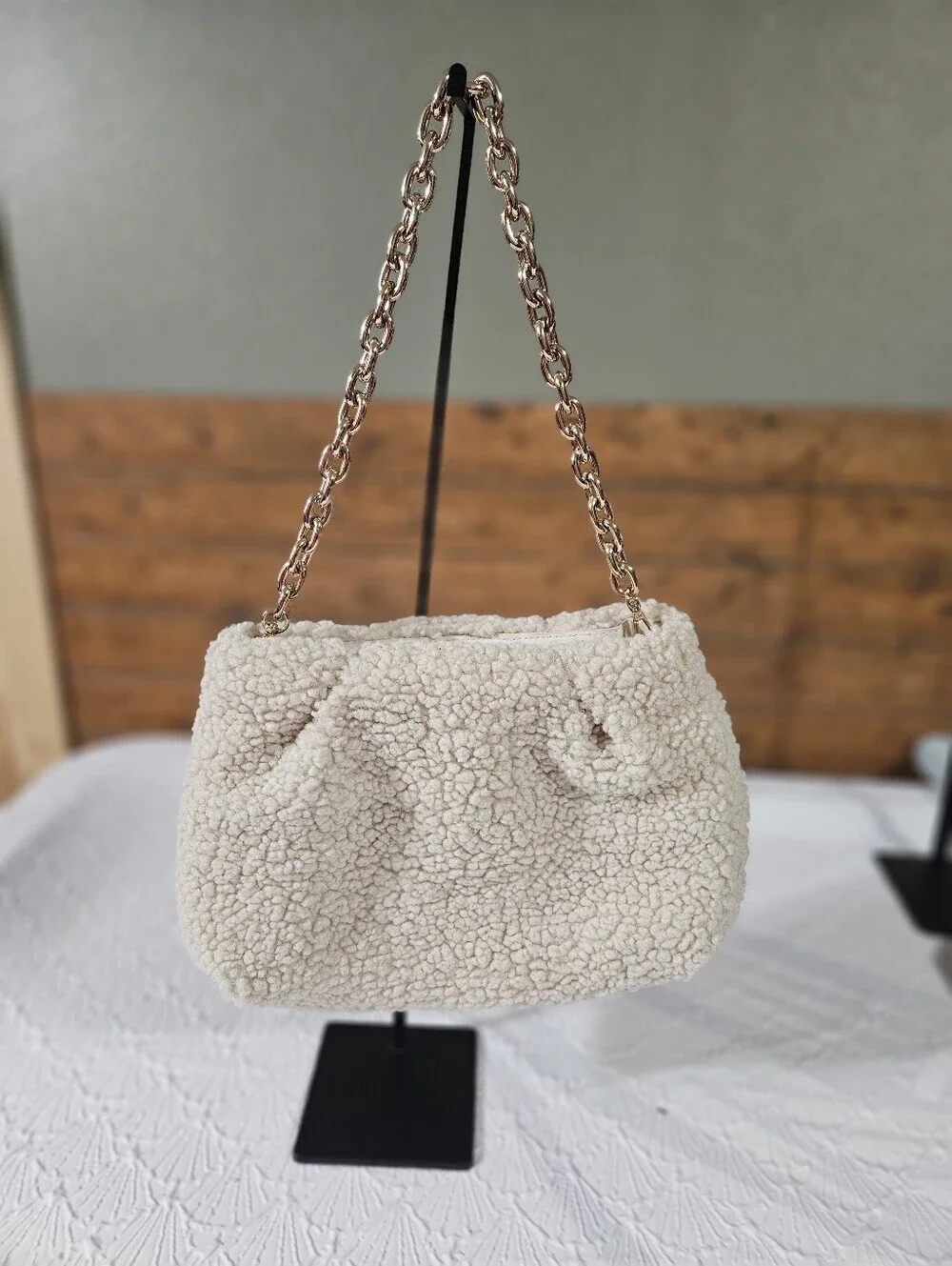 H & M Cozy Cream Sherpa Chain-Handle Shoulder Bag